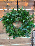 24” Mixed Boxwood, Eucalyptus, Juniper, and Cedar Wreath for Pick up November 30th-December 5th