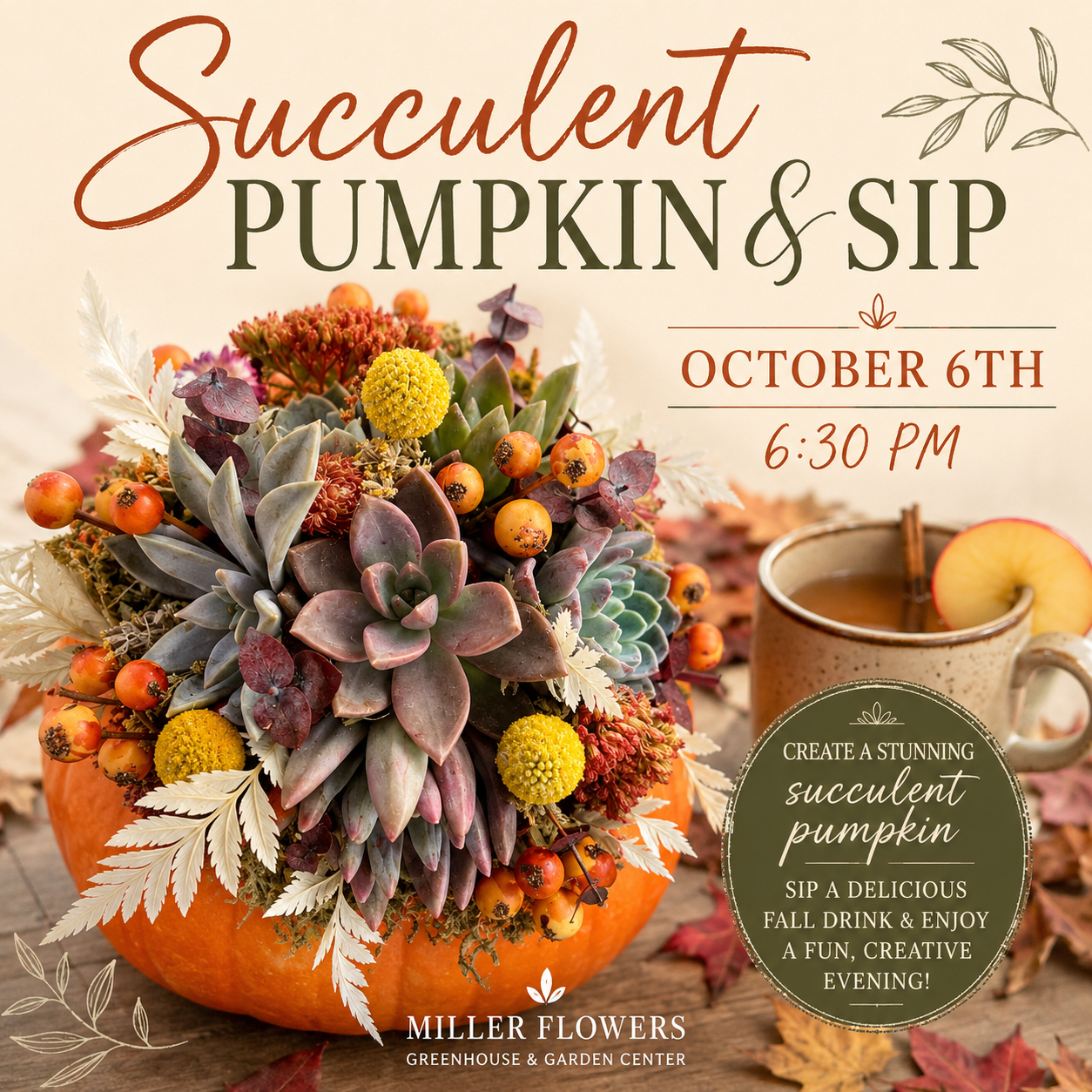 Succulent Pumpkin & Sip Workshop October 6th, 6:30 PM